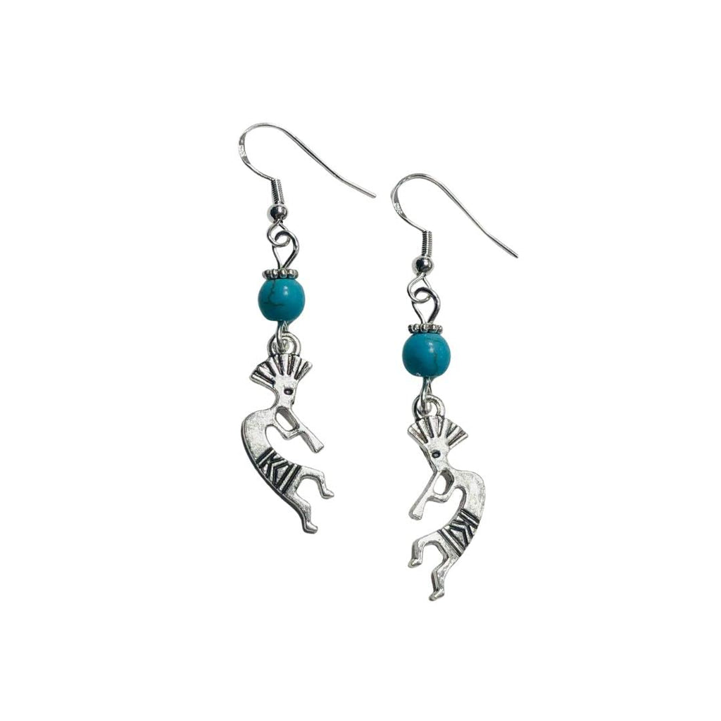 Small Kokopelli Charm Earrings with Turquoise Colored Stone Beads on Sterling Silver Earwires, Southwestern