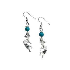 Small Kokopelli Charm Earrings with Turquoise Colored Stone Beads on Sterling Silver Earwires, Southwestern