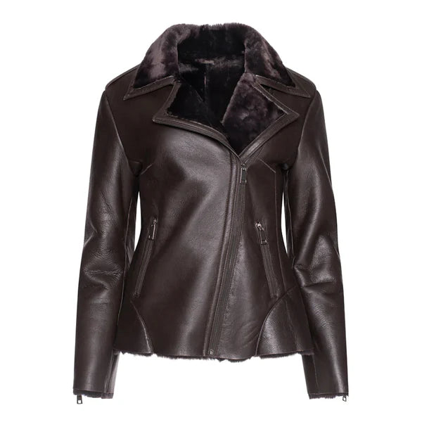 Women's Brown Shearling-Lined Leather Moto Jacket