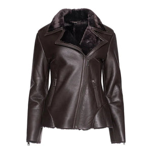 Women's Brown Shearling-Lined Leather Moto Jacket