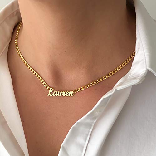 TRANGEL Name Necklace Personalized with Curb Chain, Dainty Custom Necklace with Name for Women 925 Sterling Silver Gothic Style Customized Nameplate Necklace Gift for Christmas