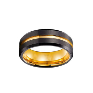 Pillar Styles Black and Gold Wedding Bands Unique 14K Yellow Gold Tungsten Rings for Men 8mm Black Beveled Edges Golden Groove Comfort Fit Ring for Him