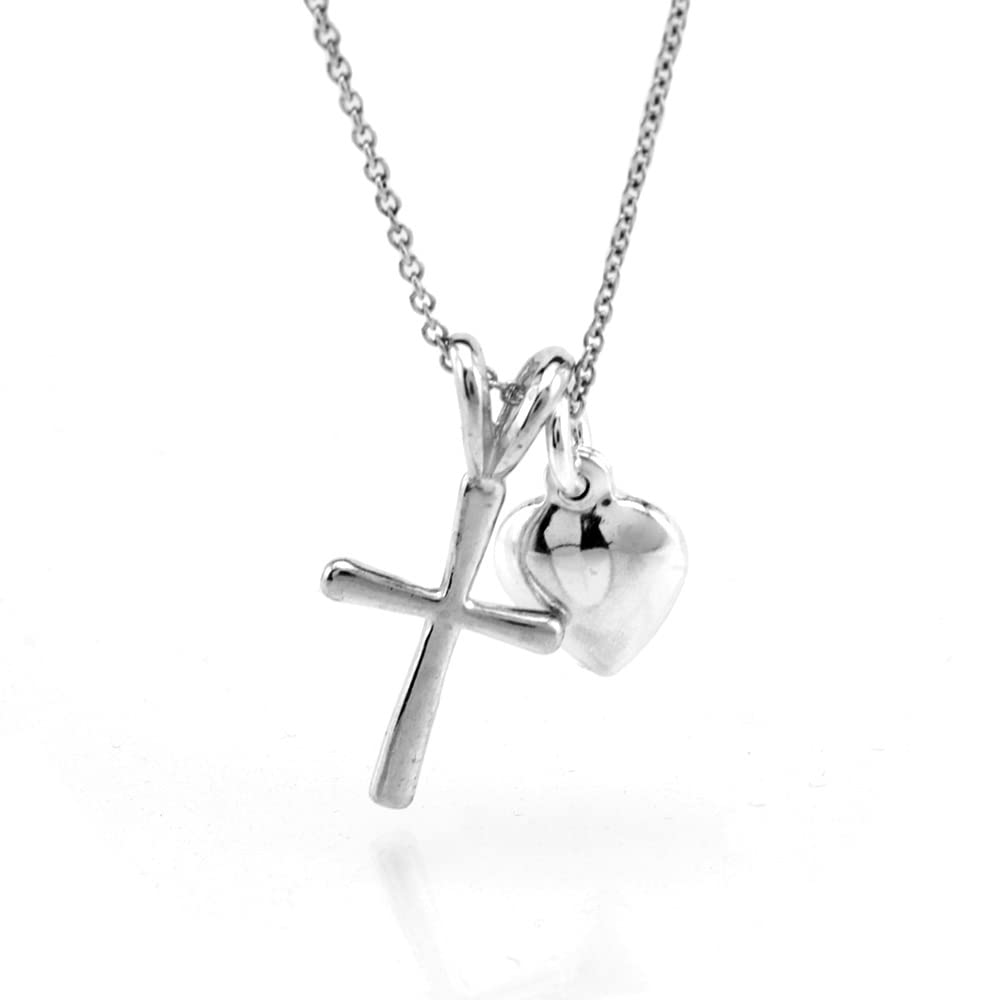 Sterling Silver Tiny Cross Charm with Tiny Heart Charm Necklace for Women, 18 "