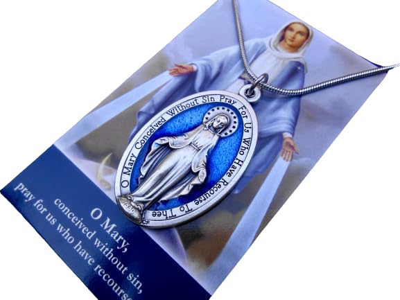 Large Blue Enamel Miraculous Medal, 18" Stainless Steel Snake Chain Miraculous Necklace, Our Lady of Grace Medal, Medal Measures 1 3/4 inch, Comes with Prayer Card