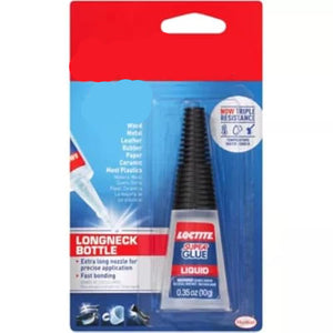 Loctite Super Glue packaging with a longneck bottle on a white background