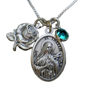 St Therese of Lisieux the Little Flower Necklace, Miraculous Medal Rose Charm, Crystal Birthstone, 18" Sterling Silver Box Chain, Catholic Saint Gift