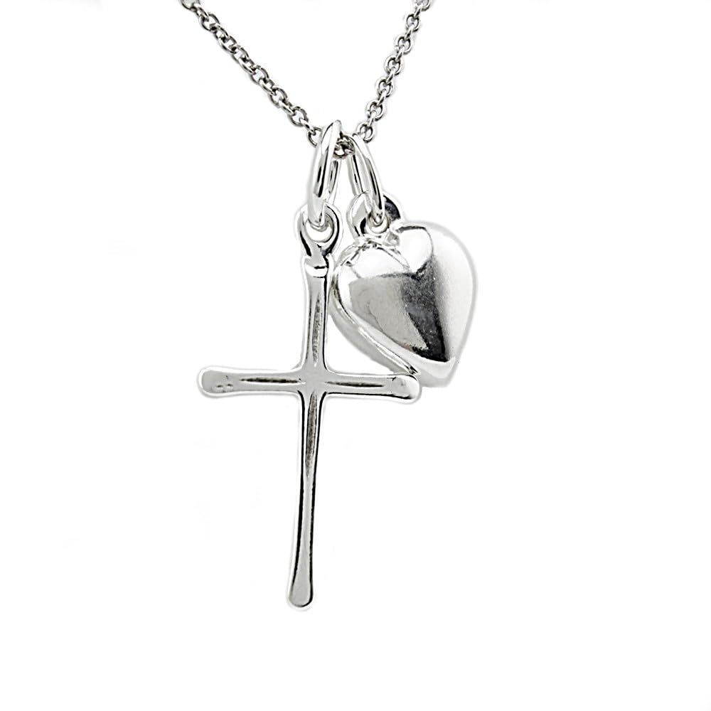 FLYINGTUTU Sterling Silver Dainty Tiny Cross Charm with Heart Charm Necklace, 18"