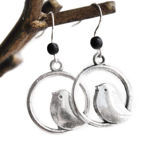 Enchanted Leaves - Sweetly Minimal Silver Bird Earrings - Cute Bird Charm Earrings
