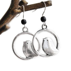 Enchanted Leaves - Sweetly Minimal Silver Bird Earrings - Cute Bird Charm Earrings