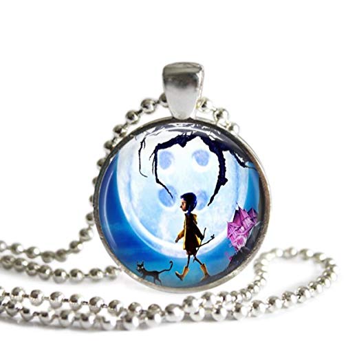 The Spider's Parlor Coraline Button Moon 1 Inch Silver Plated Pendant 24 Inch Stainless Steel Ball Chain Necklace Handmade Cosplay Jewelry for Fans