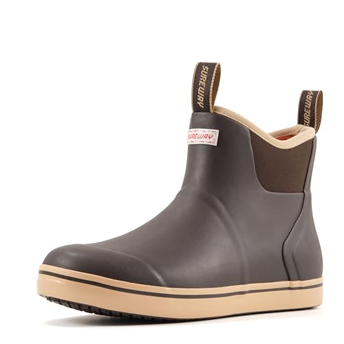 SUREWAY Men's Ankle Fishing Deck Boots for Men-Waterproof,Professional Non-Slip Soles for Wet Slippery Surface,Neoprene Rubber Rain Boot/Shoes for Hunting Boating Gardening,BROWN TAN,Size 10