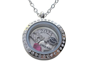 Custom Graduate Circle Floating Charm Locket Necklace with Charms, Stainless Steel Locket, Graduation Class of 2025 and Beyond