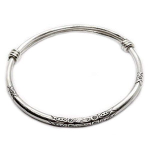 Sterling Silver Thick Solid Handmade Boho Bangle Bracelet, Adjustable to 7" - 8.5",With Symbolic Engravings, Ethnic Tribal Rounded Bracelet Bangle for Women or Men, Gift for Her or Him