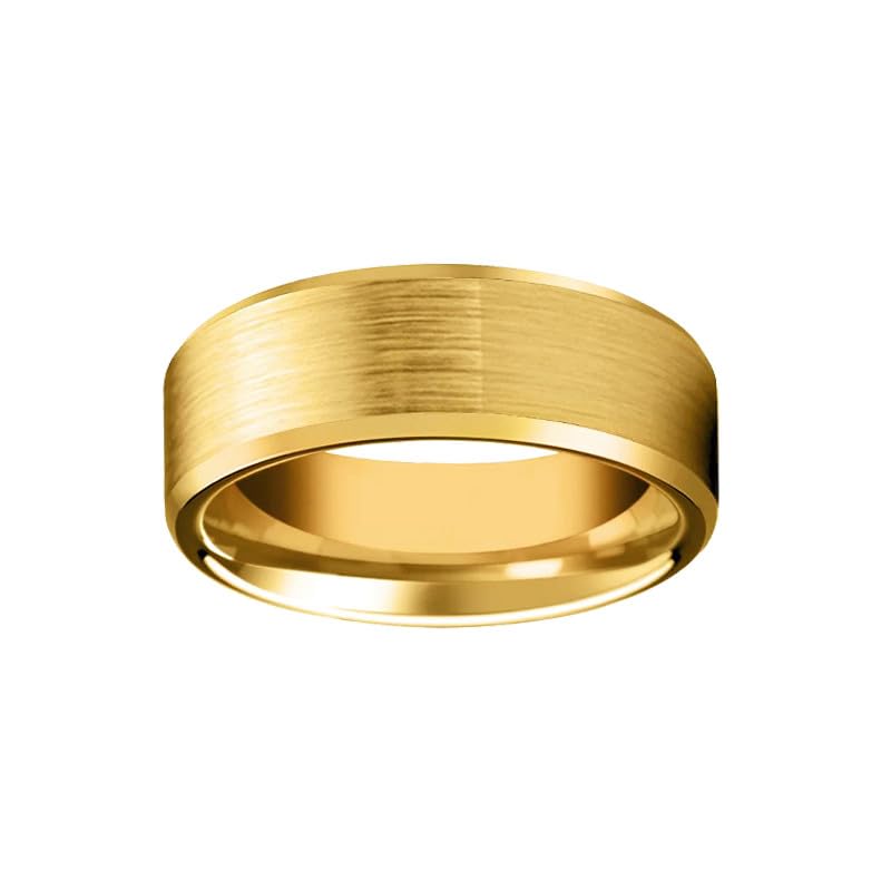 Yellow Gold Wedding Band Mens Ring 8mm Tungsten Rings for Mens Wedding Band 14K Gold Ring with Beveled Edges Unique Golden Gifts for Him