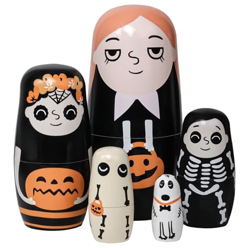 Halloween Nesting Dolls, 5Pcs 6"" Tall Russian Nesting Dolls, Handmade Matryoshka for Kids, Wooden Stacking Toys for Halloween Home Party Decorations (Pumpkin Girls)