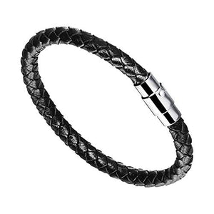 Forziani Authentic Braided Black Leather Bracelet for Men - Genuine Leather Bracelet with Stainless Steel Closure - Sz Large - Gift Box Packaged - Mens Gifts