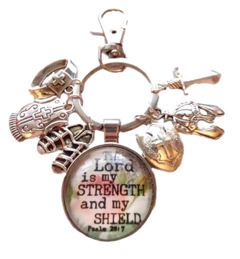 Psalms 28 7 The Lord is my strength and shield scripture pendant tibetan silver whole armor of God keychain purse charm zipper pull clip combo with gift bag and scripture card
