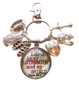 Psalms 28 7 The Lord is my strength and shield scripture pendant tibetan silver whole armor of God keychain purse charm zipper pull clip combo with gift bag and scripture card