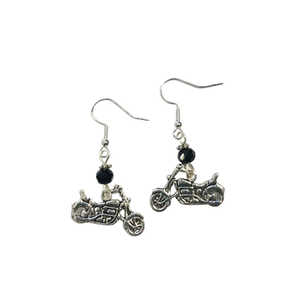 Motorcycle, Motorcyclist or Cyclist Charm Earrings, with Jet Black Faceted Crystal Accent Beads on Sterling Silver Earwires