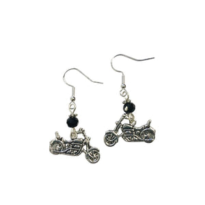 Motorcycle, Motorcyclist or Cyclist Charm Earrings, with Jet Black Faceted Crystal Accent Beads on Sterling Silver Earwires