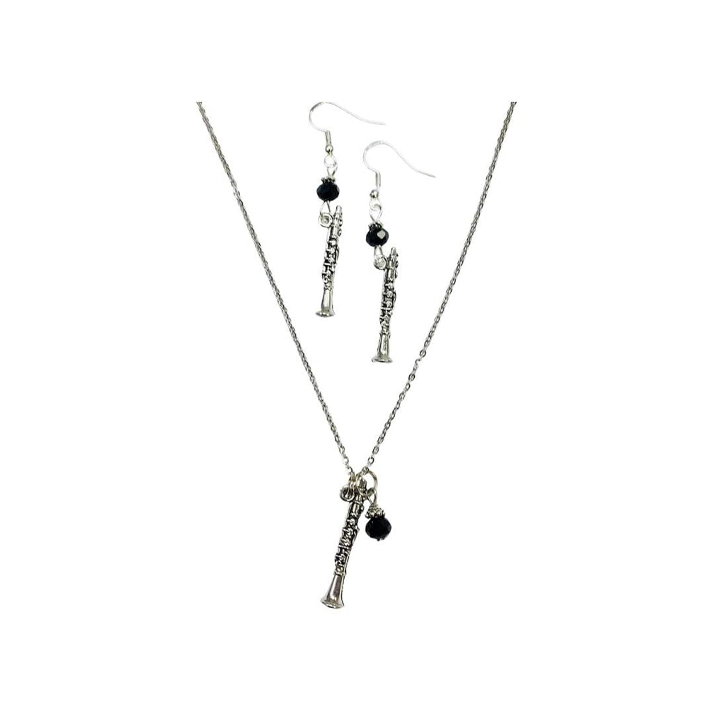 Clarinet, Clarinetist, Musician Necklace & Earring Set, with jet black crystal faceted accent beads, on 20 inch chain and sterling silver earwires