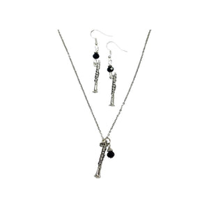 Clarinet, Clarinetist, Musician Necklace & Earring Set, with jet black crystal faceted accent beads, on 20 inch chain and sterling silver earwires