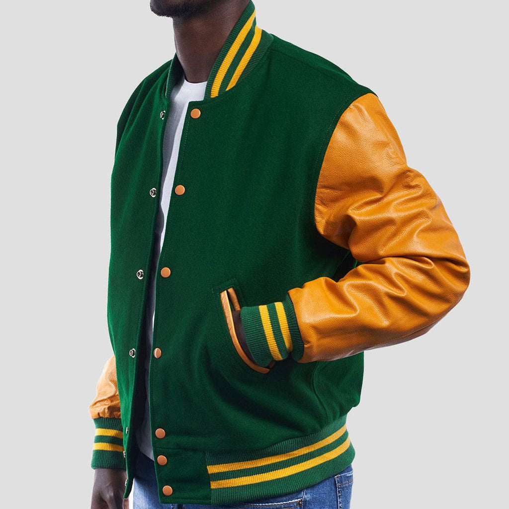 Dartmouth Green Wool Varsity Jacket with Bright Gold Leather Sleeves