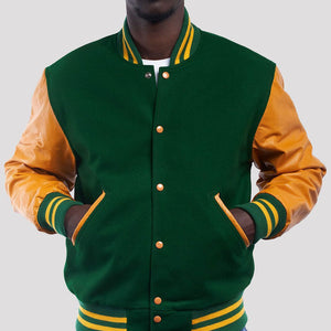 Dartmouth Green Wool Varsity Jacket with Bright Gold Leather Sleeves