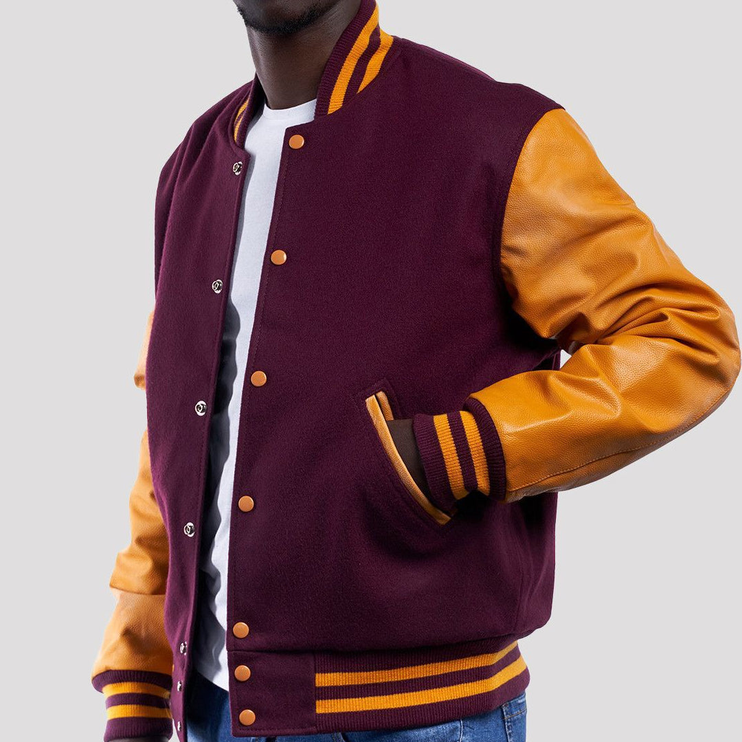 Maroon Wool Varsity Jacket with Bright Gold Leather Sleeves