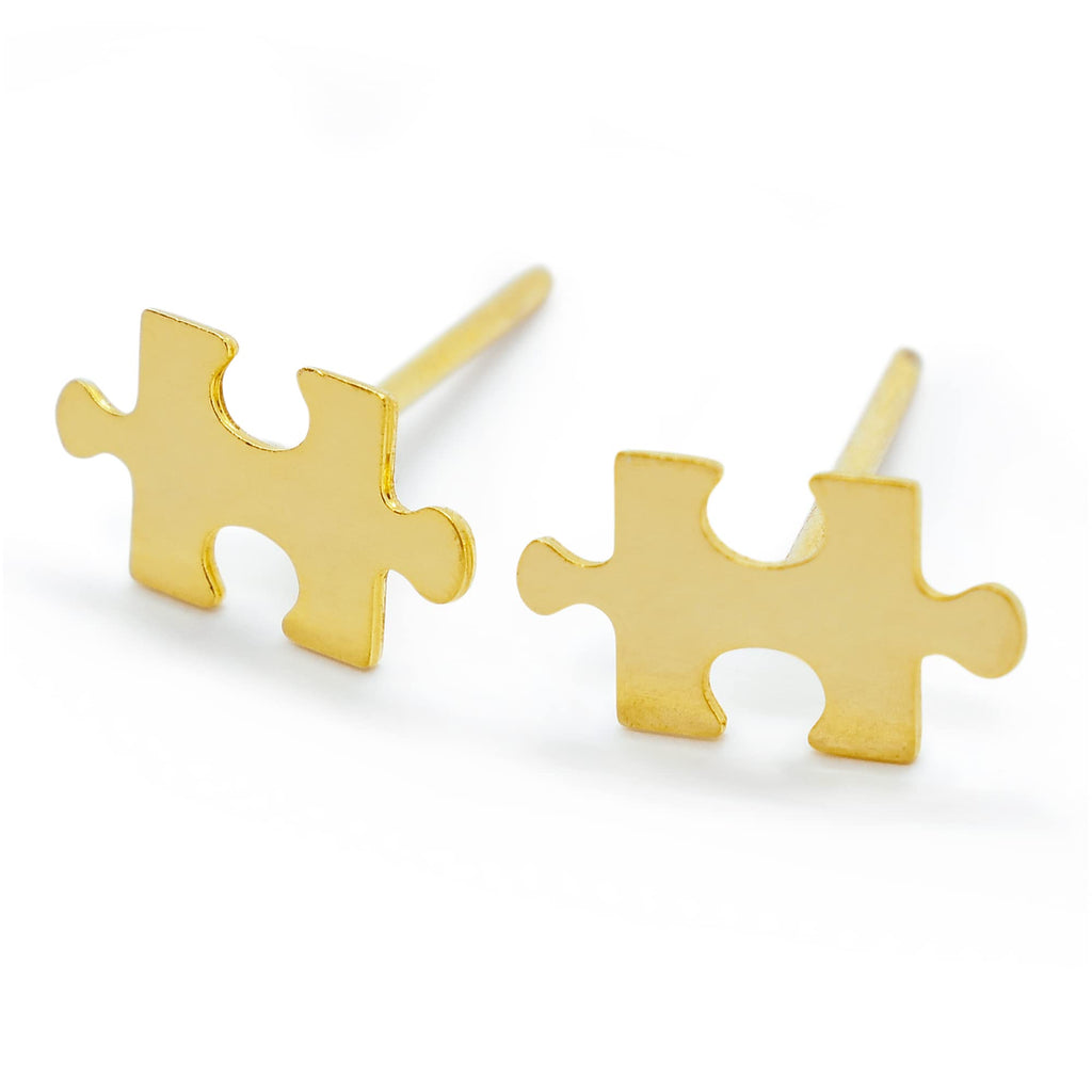 Cute Gold Tiny Autism Awareness Stud Earrings by Re Do Bricks ® - Give a Love Statement with these Jigsaw Earrings - Autism Connection Puzzle Earrings - Original Brand Handmade in USA.
