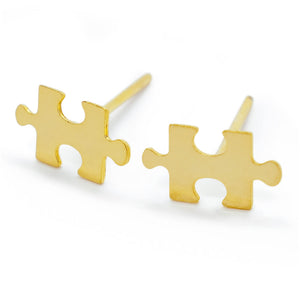 Cute Gold Tiny Autism Awareness Stud Earrings by Re Do Bricks ® - Give a Love Statement with these Jigsaw Earrings - Autism Connection Puzzle Earrings - Original Brand Handmade in USA.
