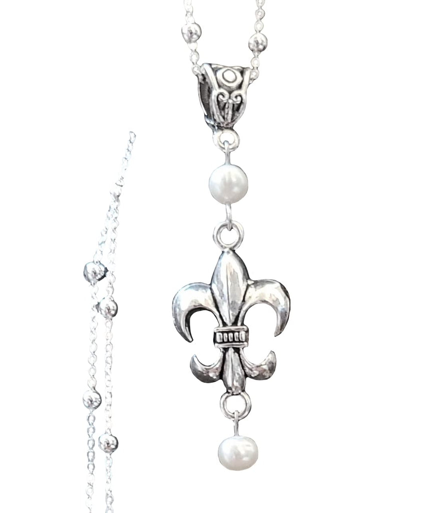 Fleur De Lis Double Pearl Handmade Necklace on a Sterling Silver Chain