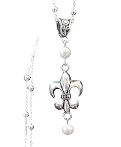 Fleur De Lis Double Pearl Handmade Necklace on a Sterling Silver Chain