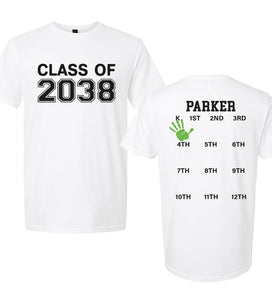 Class of 2038 Grow with Me Shirt Custom Name Kindergarten Shirt Gifts Class of 2038 Handprint Tee Kinder to 12th Grade First Day of School Tshirt Back to School Tees Multi