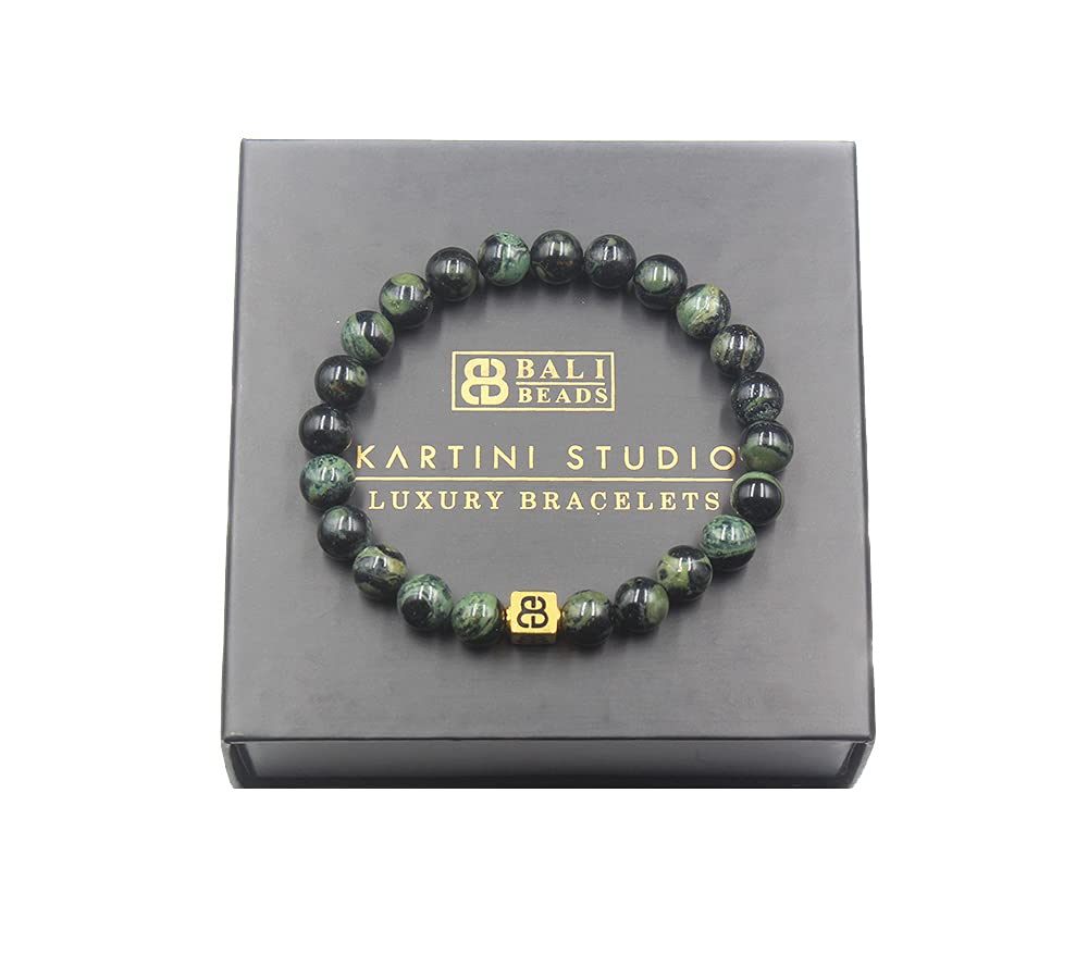 Kartini Studio Dark Green Jade and 22 Karat Gold Bracelet, Men's Jade Bracelet, Quality Bead Jewelry for Man