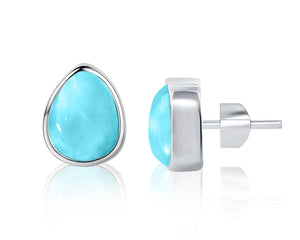 925 sterling silver sleeper-style earrings with natural Larimar tear drops, handcrafted artisanally. With push-back or butterfly closures