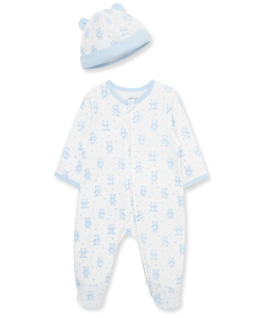 Little Me Baby Boys' 100% Cotton Scratch-Free Tag Footed One-Piece Romper and Hat Sleeper Set, Happy Bear, Newborn