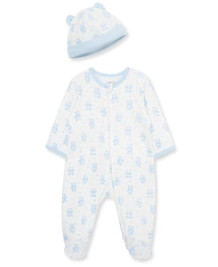 Little Me Baby Boys' 100% Cotton Scratch-Free Tag Footed One-Piece Romper and Hat Sleeper Set, Happy Bear, 3 Months