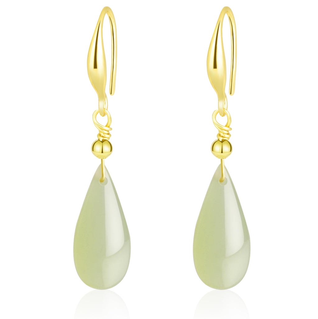 Natural Hetian Jade Earrings for Women, Teardrop Shape Dainty Lucky Green Jade Leaf Charm Pendant Jewelry Earrings, Handmade Ear Stud Earrings for Women Mom Her (925 Sterling Silver with Gold Plated)