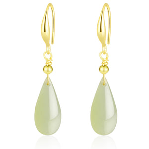 Natural Hetian Jade Earrings for Women, Teardrop Shape Dainty Lucky Green Jade Leaf Charm Pendant Jewelry Earrings, Handmade Ear Stud Earrings for Women Mom Her (925 Sterling Silver with Gold Plated)