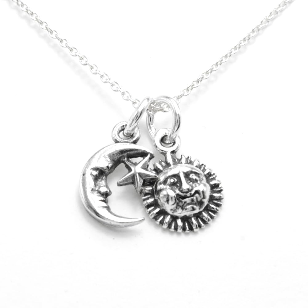 FLYINGTUTU Sterling Silver Tiny Moon and Tiny Sun Charm Necklace, 18"