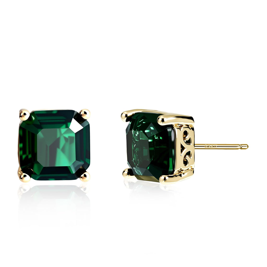 Desnuage Gold Princess Cut Emerald Stud Earrings for Women - Hypoallergenic Vintage Gemstone Earrings