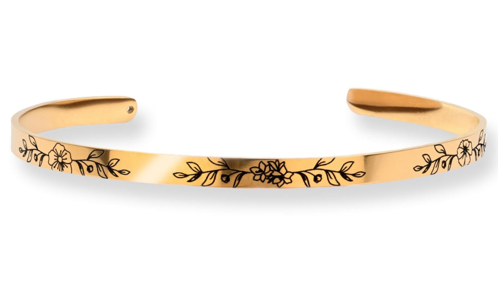 MignonandMignon Birth Flower Bangle Bracelet, Personalized Engraved Floral Jewelry, Handmade Custom Bracelet for Women, Unique Birthday Gift for Mom – DFBR-FL