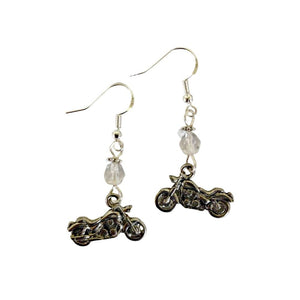 Motorcycle, Motorcyclist or Cyclist Charm Earrings with Clear Faceted Crystal Accent Beads on Sterling Silver Earwires