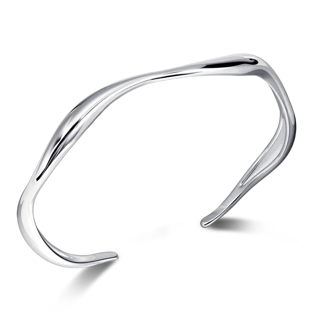 Desnuage Sterling Silver Wavy Cuff Bracelet - Adjustable Irregular Thin Bangle for Women
