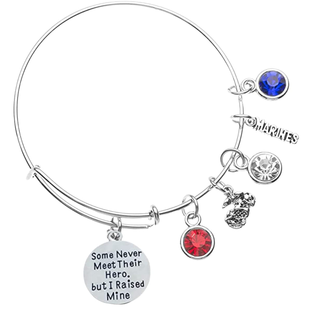 US Marine Corps Mom Charm Bangle Bracelet, Proud Marine, Raised Hero Jewelry, Handmade United Stated Marine Moms Gift, Military Mother Bracelet