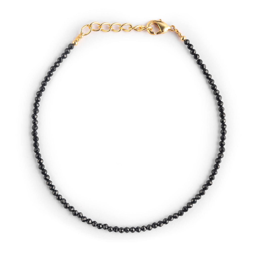 Thecraftman Natural Black Spinel Gemstones Beads Bracelet, AAA Grade Stones, Handmade Jewelry, 14K Gold Plated Adjustable Chain, August Birthstone, 2.4-2.5 mm Beads With 7 +1 Inch, Gift for Women