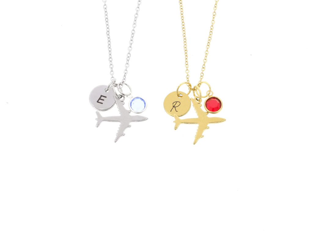 Airplane Necklace - Personalize Initial, Pearl or Birthstone - Laser Engraved Disc - Pilot Gift Flight Attendant - DGR 10mm