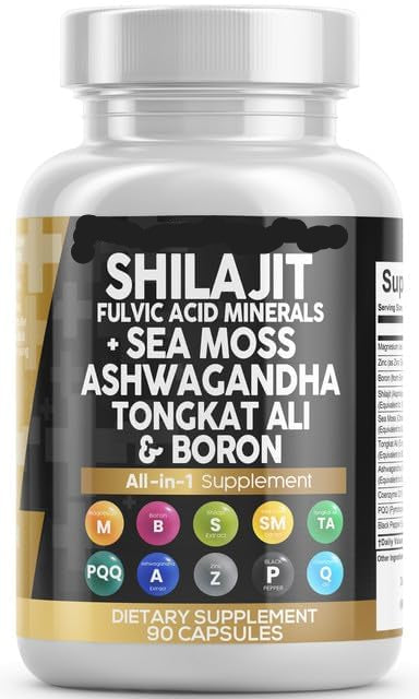 Supplement bottle labeled 'Shilajit' with various health benefits listed on a white background