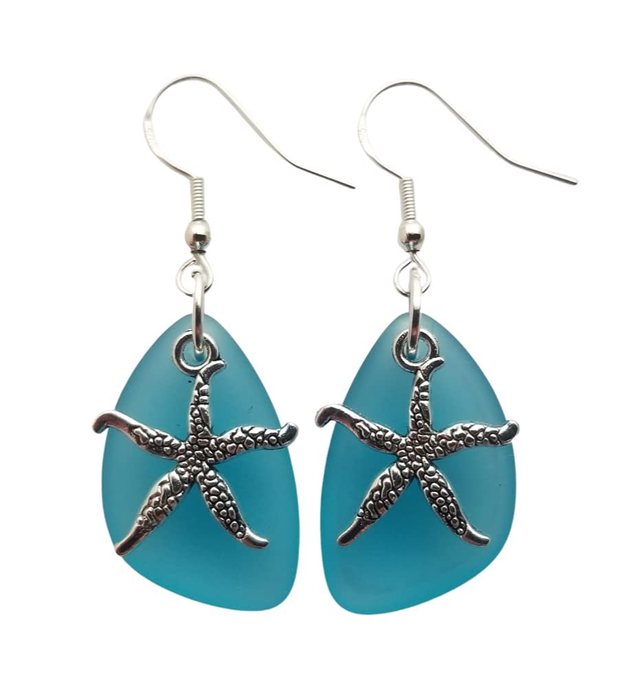Handmade in Hawaii, updated version, "Twin Starfish" Turquoise Bay Blue sea glass earrings, "December Birthstone", (Hawaii Gift Wrapped, Mother's Day Gift)